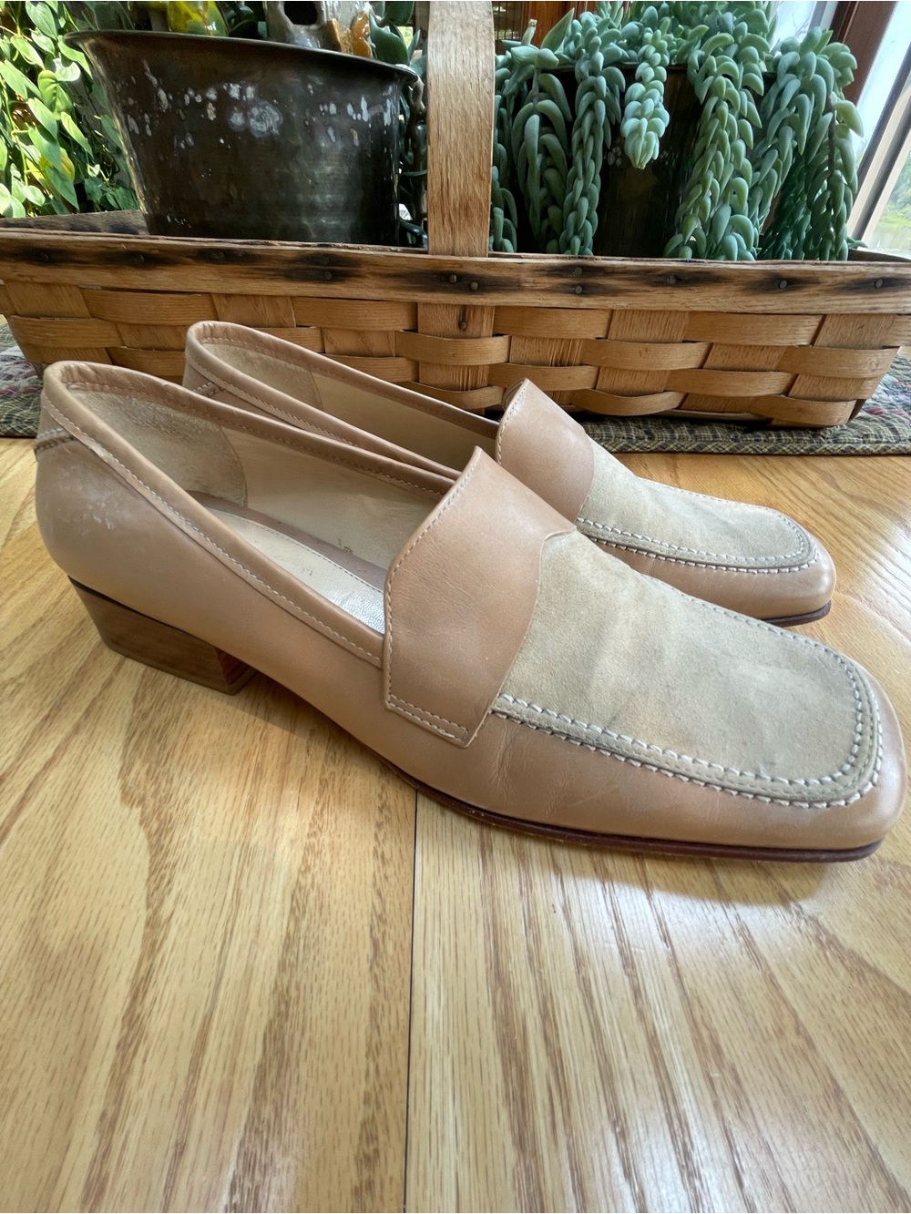 ANTONIO MELANI Two-Tone Tan and Cream Leather Suede Loafers